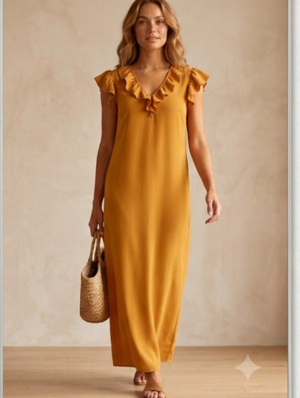 New Boutique Mustard Yellow Ruffle V-Neck Maxi Dress - Relaxed Fit (L)